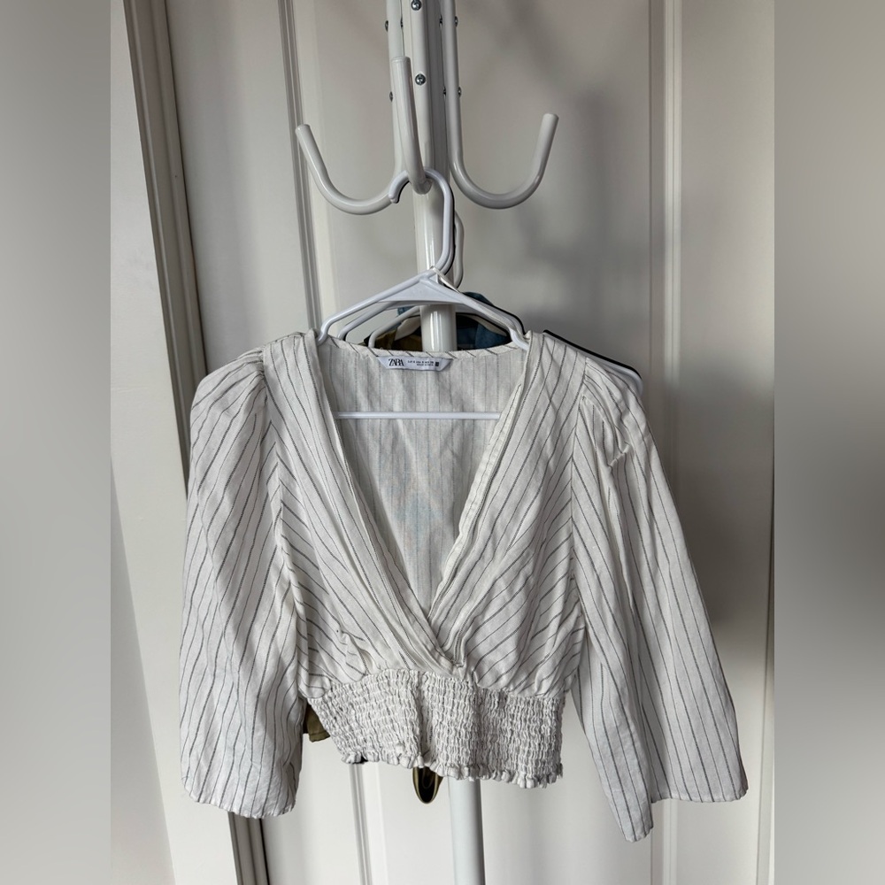 ZARA White Pinstripe V-Neck Smocked Waist Blouse